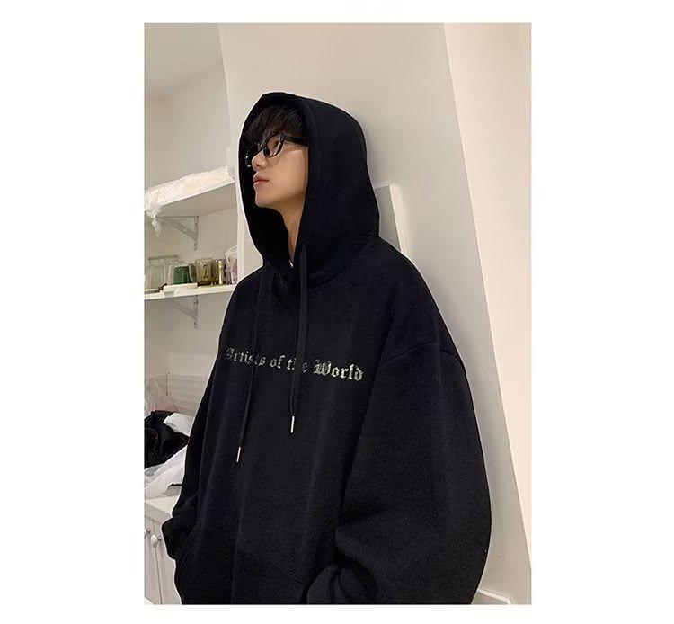 Men's Trendy American-Style Hooded Sweatshirt: Plus Velvet, Loose Fit, Casual Jacket for Teens - Ideal for Autumn and Winter.