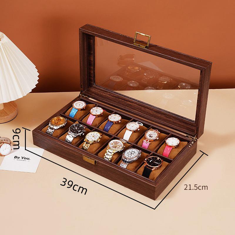 Exquisite Vintage Wood Grain Leather Watch Box with Dustproof Glass Lid for Wristwatch Display and Storage.