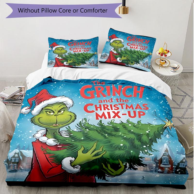 3pcs Duvet Cover Set (1*Duvet Cover + 2*Pillowcase, Without Core), The Grinch Print Soft All‑Season Bedding Set, Home Bedroom Decor Gift