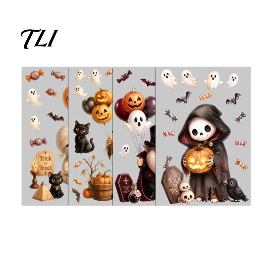 Outdoor Balcony Scene Setting 4Pcs Halloween Cartoon Window Clings, Pumpkin Ghost Scarecrow Stickers, Decorative Glass Decals for Party