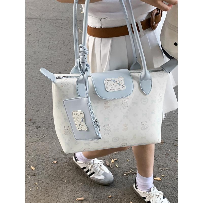 Korean Version of Summer Blue Kitten Print Handbag Bag for Women 2025 New Fashion Tote Bag Large Capacity Underarm Bag