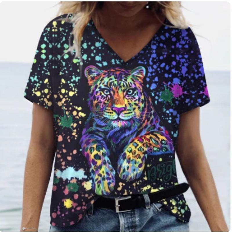 Summer V-neck 3D Animal Leopard Pattern Printed Top Fashionable Casual Short Sleeved Women's T-shirts