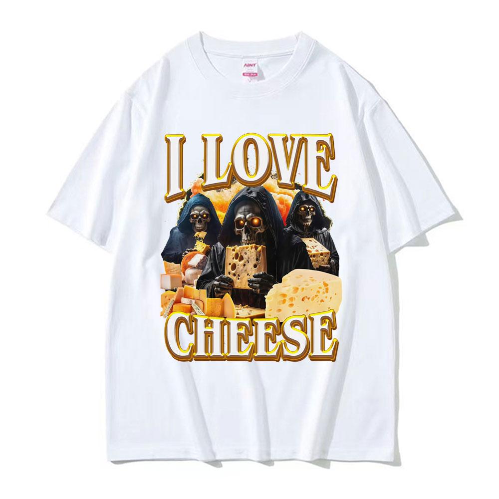 Vintage Skeleton I Love Cheese Meme T Shirts Funny Gothic Graphic Tshirts Unisexs Women Summer Crewneck Cotton Tshirt Streetwear