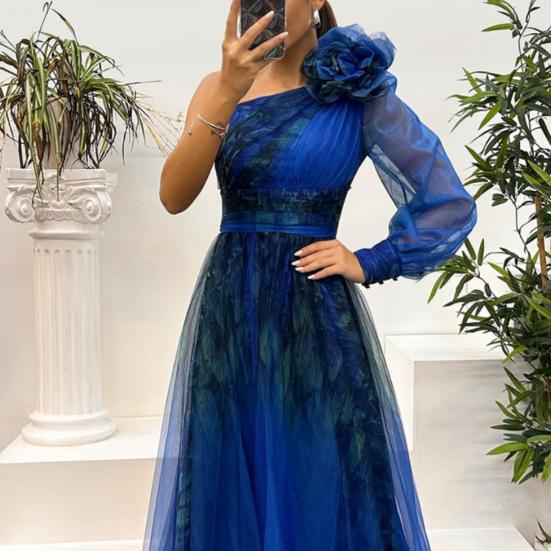 Женское вечернее платье с 3D-цветочным декором на одно плечо, плиссированное, сетчатое, банкетное платье, одно длинное