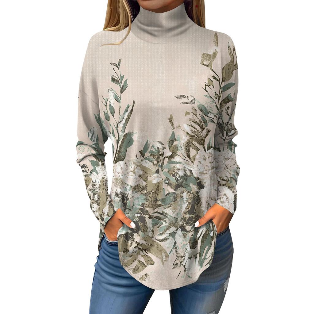 Women's Fashionable Casual High Neck Printed Long Sleeve T-Shirt Pullover Top