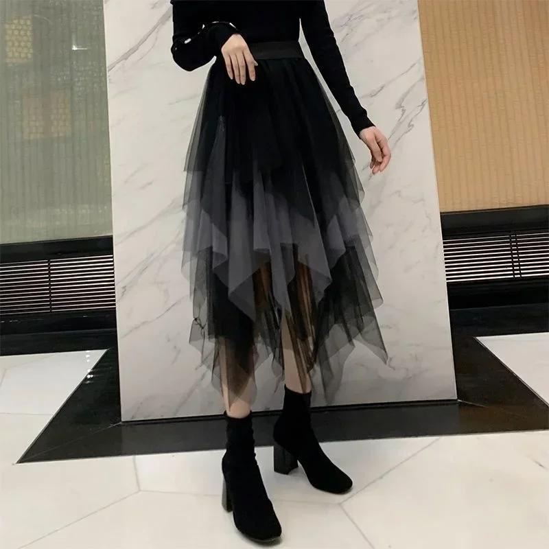 Летняя женская юбка Harajuku повседневная фатиновая юбка модная с высокой талией миди сетчатые юбки женская одежда