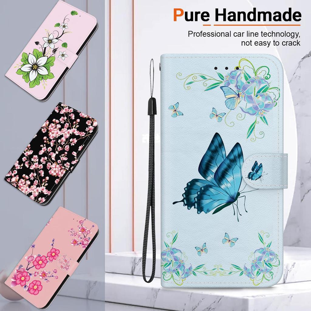 3D Art Painting Sakura Flower Butterfly Pattern Leather Phone Wallet Case Book Stand For Huawei Moto Oppo Realme 10 Girls Magnetic Card Flip Cover Bag