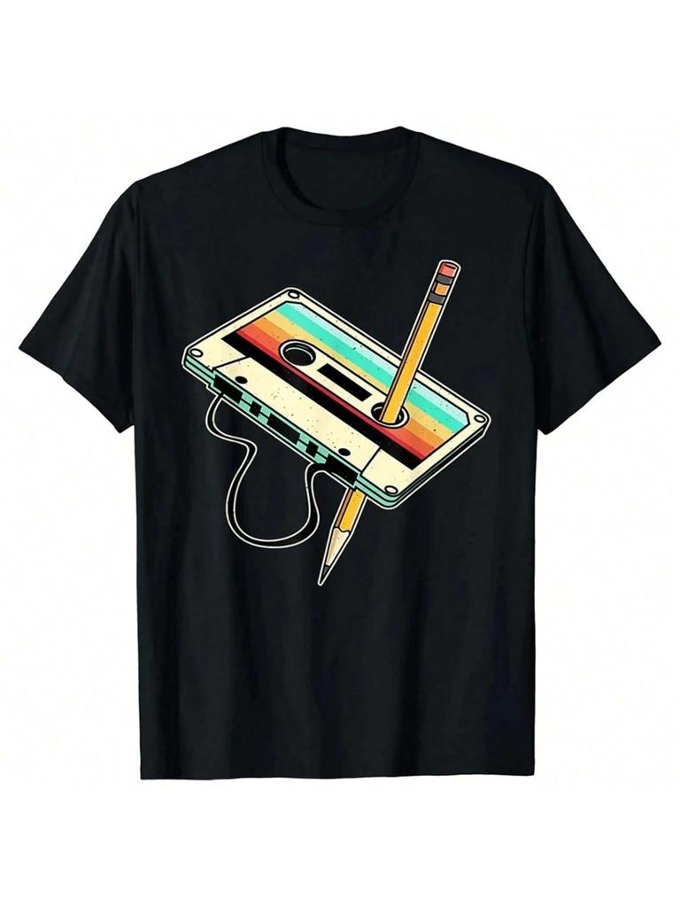 Women 80s Cassette Tape Pencil 1980s Retro Vintage Throwback Music T-Shirt Casual Summer Short Sleeve Cute Top Tee Shirt 01336