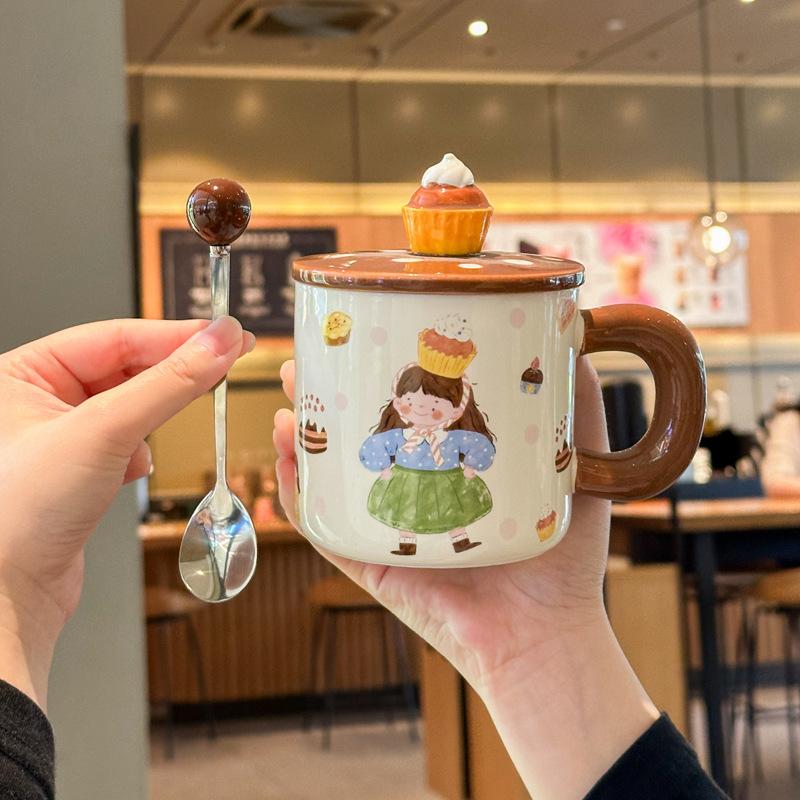 Милая кружка для торта фуфу с молоком, ретро керамическая чашка с крышкой, подарок на день рождения для девушки, сувенир для подруги