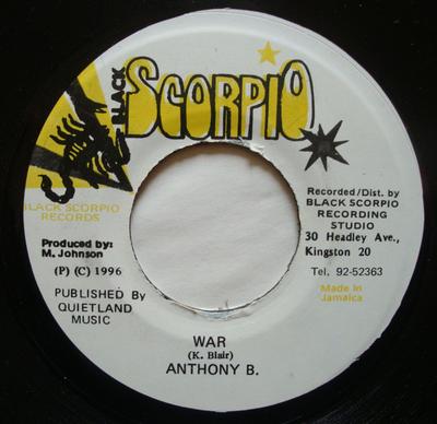 Пластинка 7 дюймов ANTHONY B / MAFIA & FLUXY - War / Version Cas Cas NONE Black Scorpio 1996 Ямайка Регги, Ска и Даб Б/у