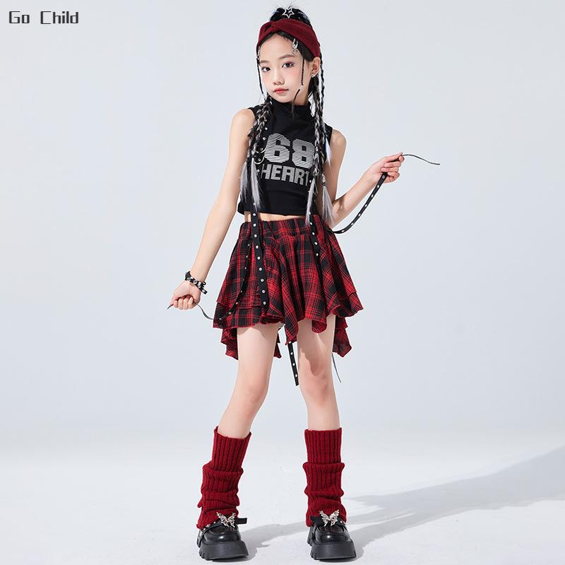 Kids Hip Hop Crop Top Plaid Street Dance Skirt Girls Ribbon Pleated Skirts Teens Jazz Cool Costumes Child Streetwear Clothes Set