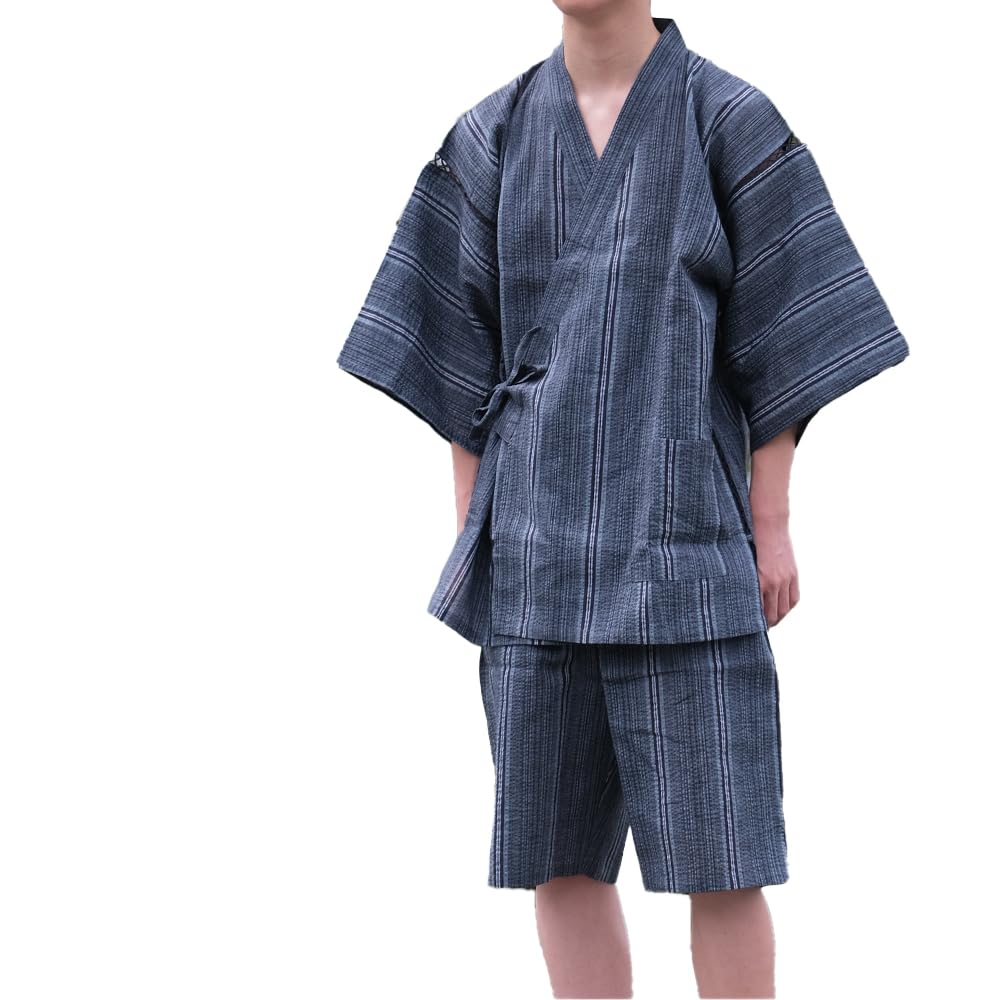 Item Jinbei Cotton Linen Pajamas Stylish Loungewear Top and Bottom Set Sleepwear Summer Gift for Daily Striped L No-brand Men's Father's Navy,