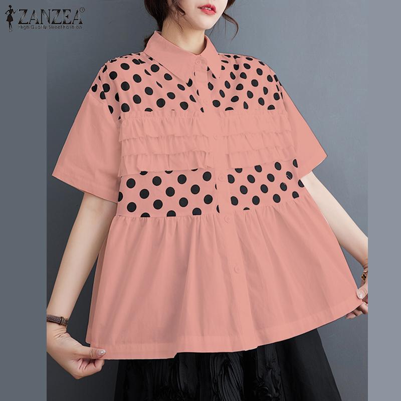 ZANZEA Женская повседневная блузка с отложным воротником и коротким рукавом в горошек