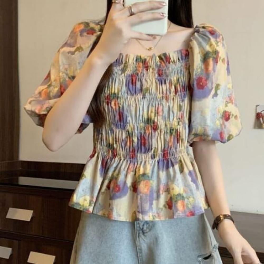 Navava Womens Watercolor Shirring Square Neck Puff Sleeve Blouse Nb2777
