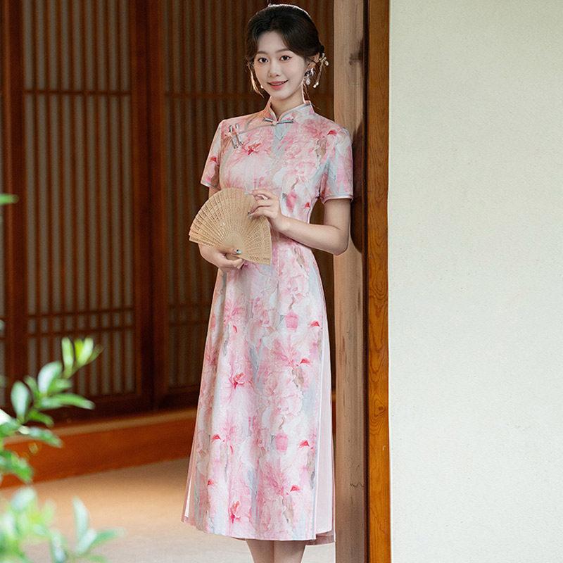 Pink Aodai Daily National Style New Chinese Suzhou Cheongsam Improved Young Girl Premium Dress Summer