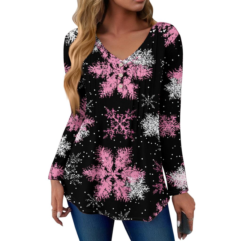 Women's Fashion Casual Christmas Tree Print V-Neck Decorative Button Long Sleeve T-Shirt Top