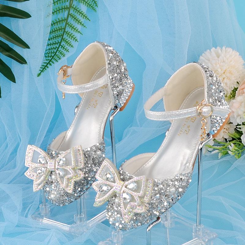 New Arrival: Girls' Crystal Bow High Heels - Shiny Princess Shoes for Piano Performances, Leather Material