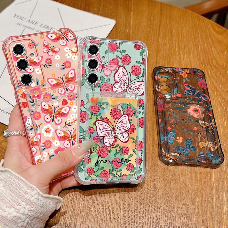 Flower Butterfly Pattern Clear Phone Case For Samsung Galaxy S26 S25 S24 S23 Ultra S22 Plus S25Edge S24 FE Card Bag Wallet Cover