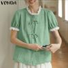 Women Casual Lace Patchwork Short Sleeve Crochet Hem Buttons Blouse Tops