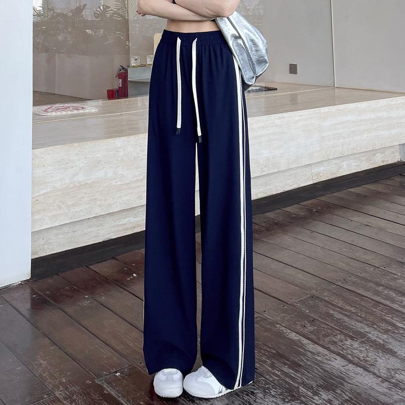 Women's Quick-Dry Ice Silk Wide-Leg Pants with Side Stripe - High Waist, Slimming, Draping Casual Sports Pants
