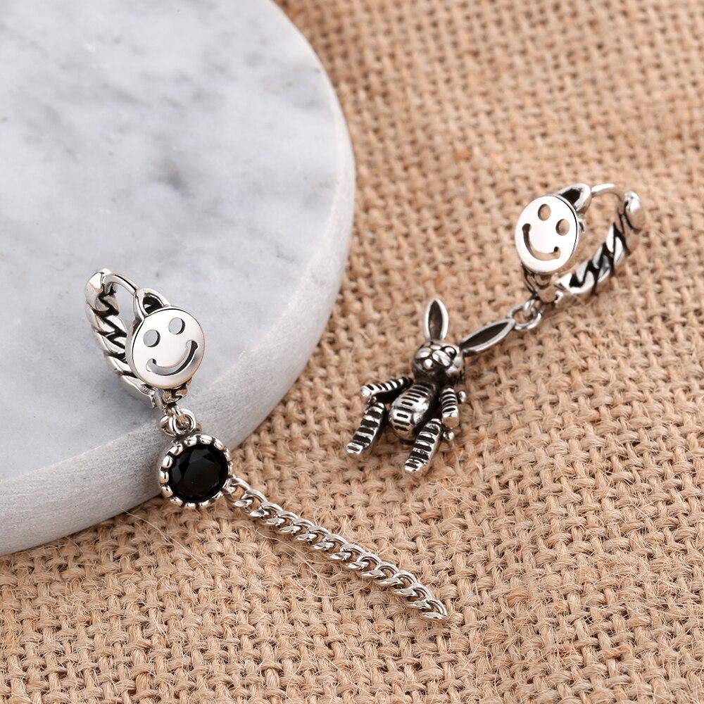 925 Sterling Silver Smile Long Tassel Thai Silver Hoop Earrings Rabbit Zircon Asymmetric Earring For Women Ear Jewelry S-E1061