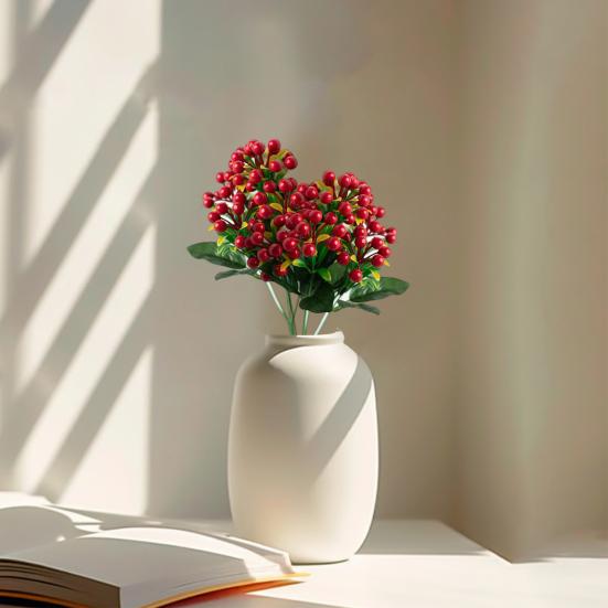 Искусственная ветка красного фруктового растения с зелеными листьями, стебель, реалистичное 6 вилок, искусственный золотой шар, новогоднее рождественское украшение дома