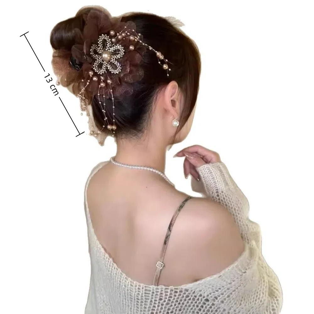 Retro Mesh Sunflower Hair Claws Pearl Tassel Sparkling Diamond Ponytail Hair Clips Hair Gripper Women Headdress