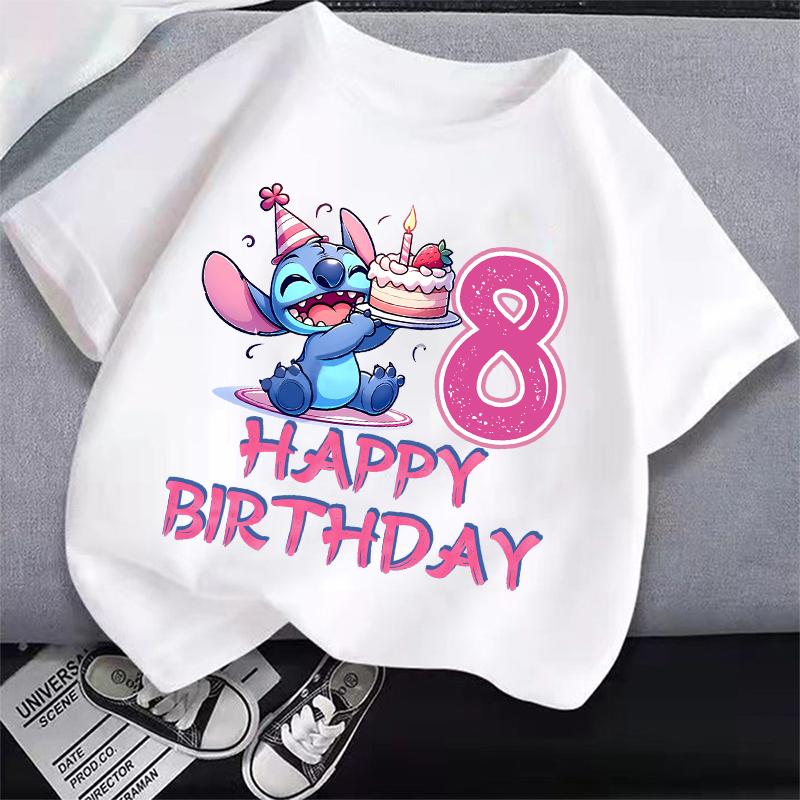 Футболка с номером Stitch, короткий рукав, мультяшный принт, круглый вырез, одежда для девочек, милые хлопковые аниме топы, модные подарки на день рождения