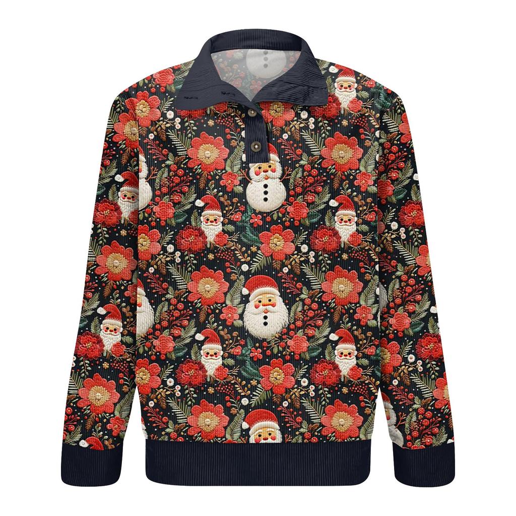 Men's Christmas Cotton Pullover Long Sleeve Outdoor Shirt Vintage Corduroy Button Stand Collar Shirt Casual Sweatshirt Christmas Print Top