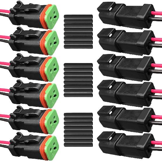 6Pack 2-Pin DT Waterproof Connectors 16 AWG with Heat Shrink Tubes - Male Female 2-Wire Automotive Electrical Connectors for Car Truck Boat Outdoor
