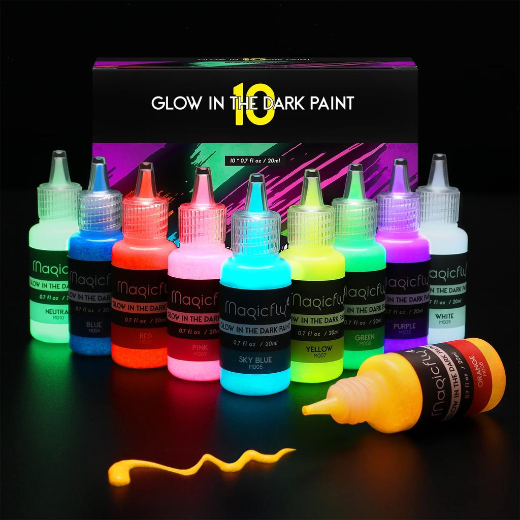 Magicfly Acrylic Glow In the Acrylic 10 Color Acrylic Can Be Painted On Quick Coloring Art Paint, Dark, Pigment, Luminous, Set, Color, 20ml,