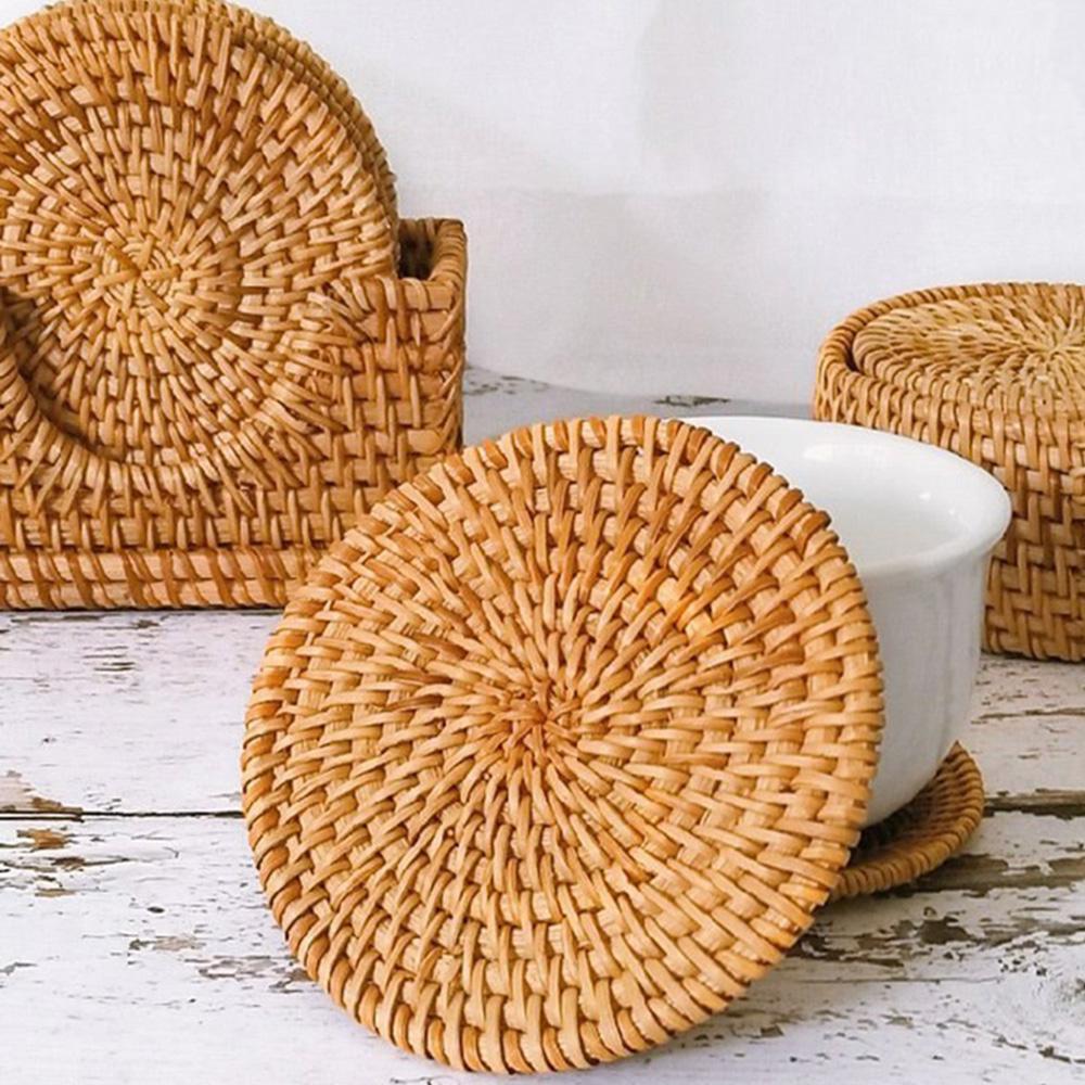 Handmade Round Natural Rattan Pad Multi-Use Heat Insulation Anti Scald Round Tea Cup Mat Pot Kitchen Decoration Accessories