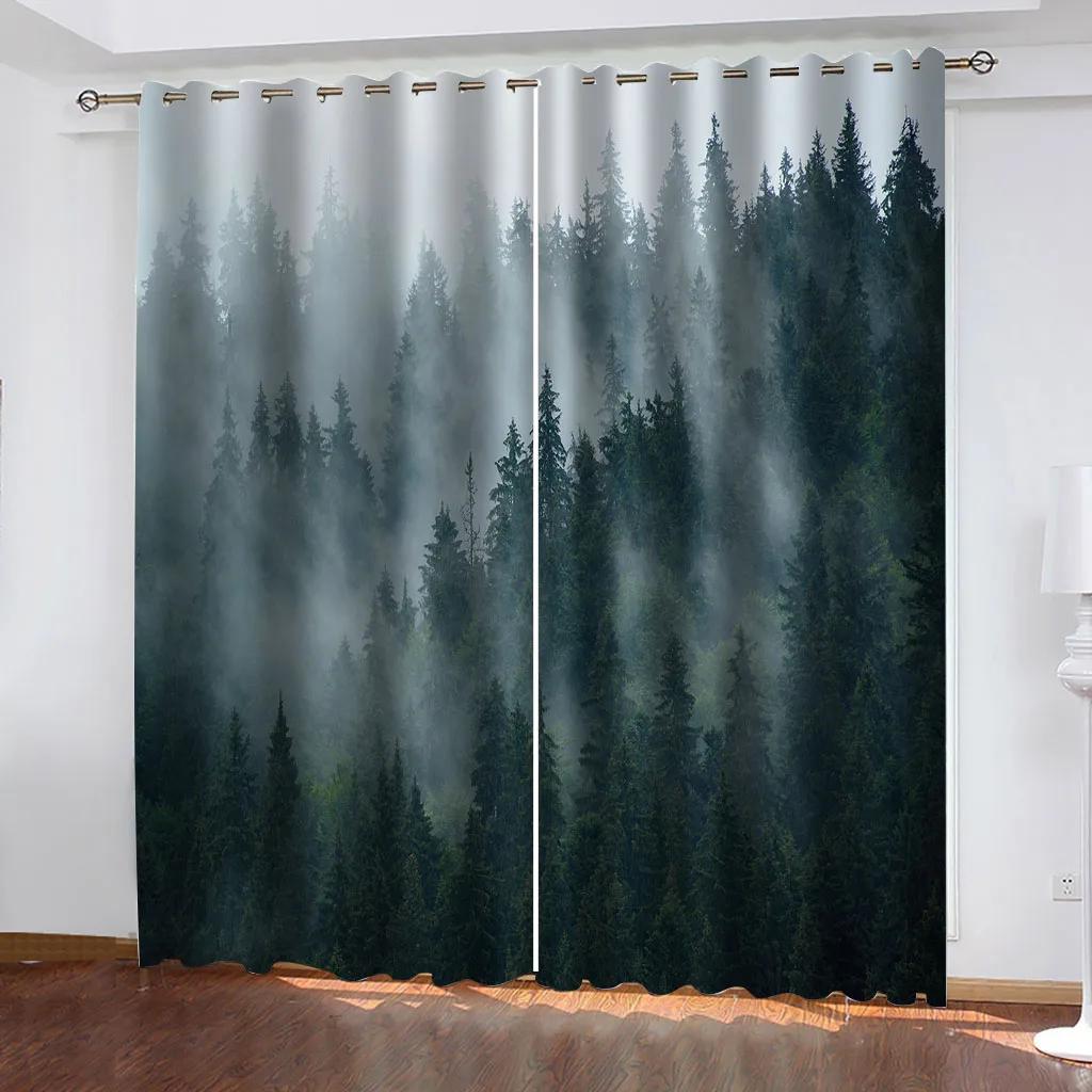 2 шт. шторы с изображением природы, леса, реки, для спальни, балкона, гостиной, занавеска для окна с принтом зеленого леса