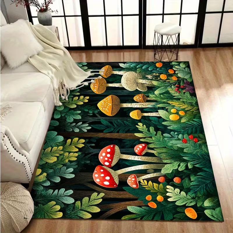 Mushroom Forest Printed Carpet Anti Slip Aesthetic Carpet Living Room Bedroom Dining Room Large Floor Mat Moon and Star Patterns