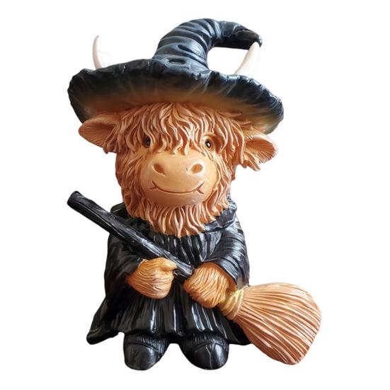 Halloween Highland Cow Resin Figurine Wizard Hat Pumpkin Broom Cattle