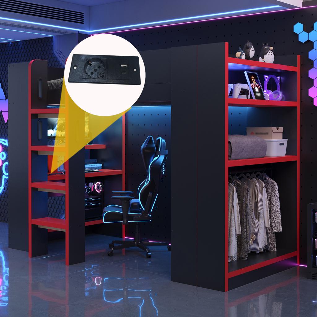 Multifunctional Loft Bed 90 x 200 cm, Desk, Computer Holder, Multi-Tier Shelf, Simple Clothes Rack, Socket and LED Lighting, Safe Ladder, Black-Red