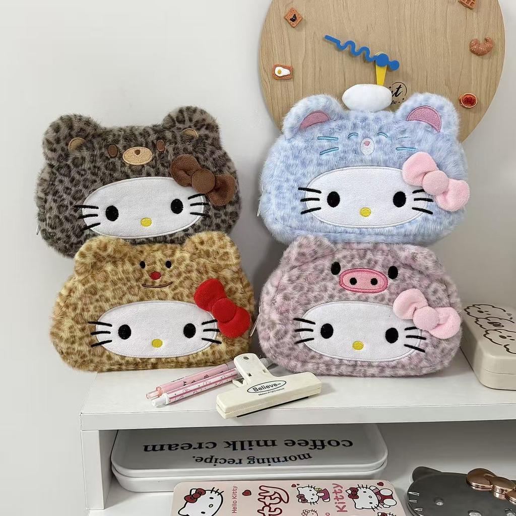 Leopard Print Kitty Pencil Case, Plush Cosmetic Bag, Stationery Box, Student Large-Capacity Storage Bag