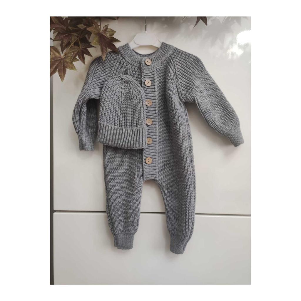 Buttoned Beige Thessaloniki Knitted Knitted Baby Jumpsuit With Hat