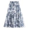 Retro Hong Kong Style Ink Painting Printed Half Skirt for Women's Summer New High Waisted Chiffon Mid Length Patchwork Large Hem A-line Skirt