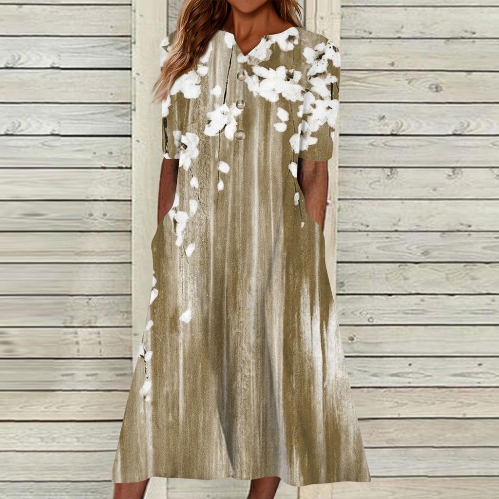 Women's Summer Casual Printed V-Neck Short-Sleeve Swing Dress