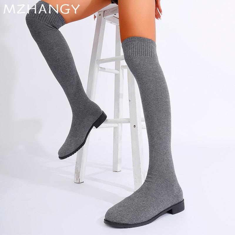 Модные женские вязаные высокие сапоги на плоской подошве выше колена, женская обувь 2025 года, трендовая зимняя мода, уютное платье, прогулочные носки, сапоги-носки Mujer Botas