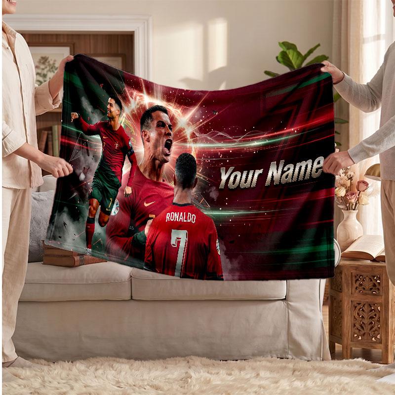 Cristiano Ronaldo Personalized Fleece Blanket With Football Logo, Custom Name Text Soft Warm Home Throw Blanket