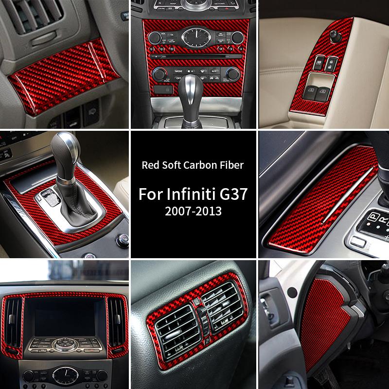 For Infiniti G37 07-13 Red Soft Carbon Fiber Air Conditioner Radio Window Lift Speaker Gear Trim Cover Car Interior