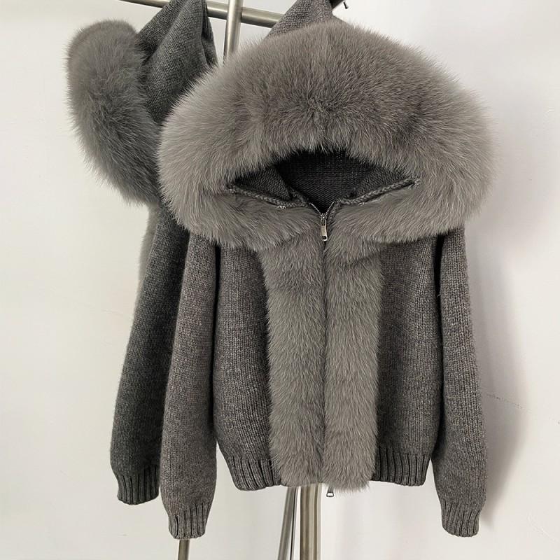 Womens Oversized Knit Cardigan With Real Fox Fur Hood Trim Warm Fall Winter Sweater