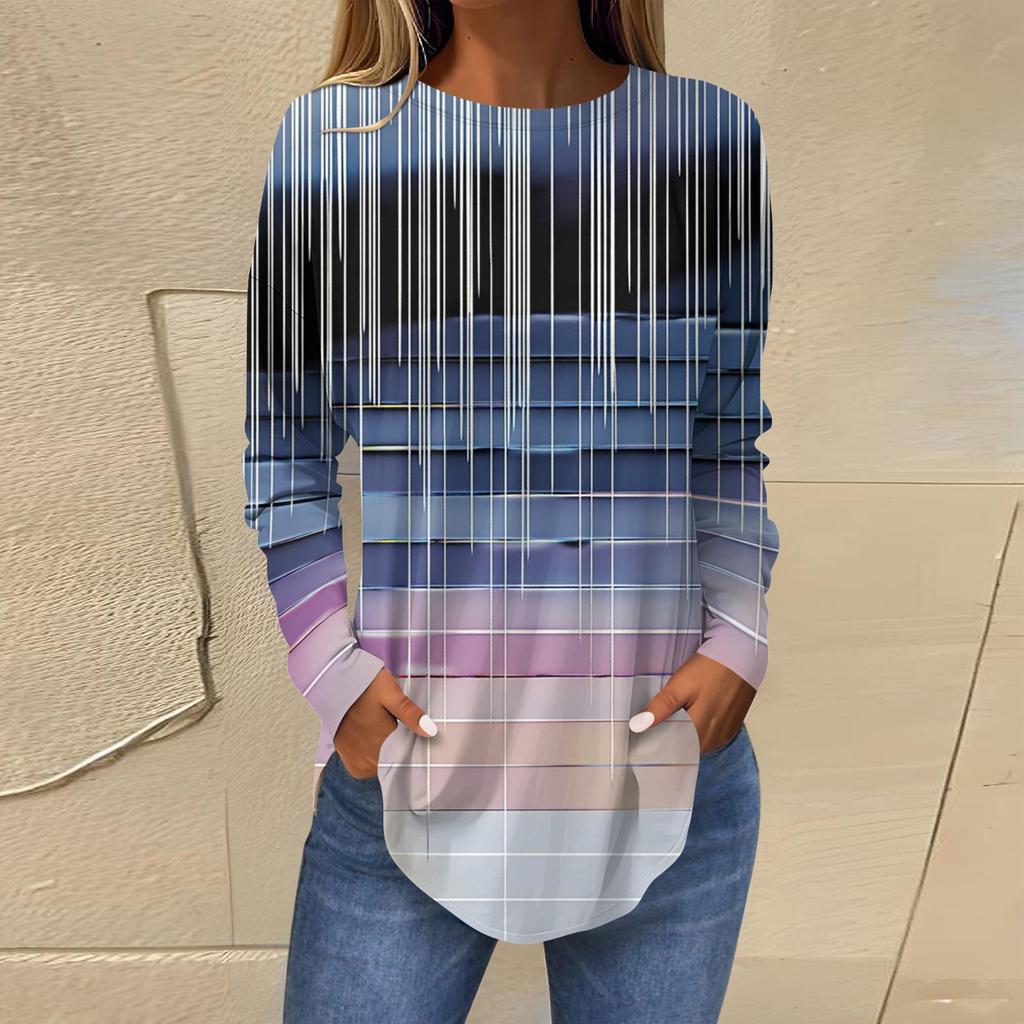 Женская свободная футболка с длинным рукавом с круглым вырезом и принтом, верхний пуловер