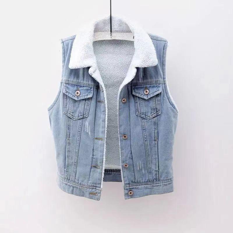 Women's Fall and Winter Sleeveless Loose Buttons Denim Vest Padded and Thickened Cotton Clothing