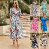 Summer European and American Dress Wrapped Waist V-Neck Printed Long Dress