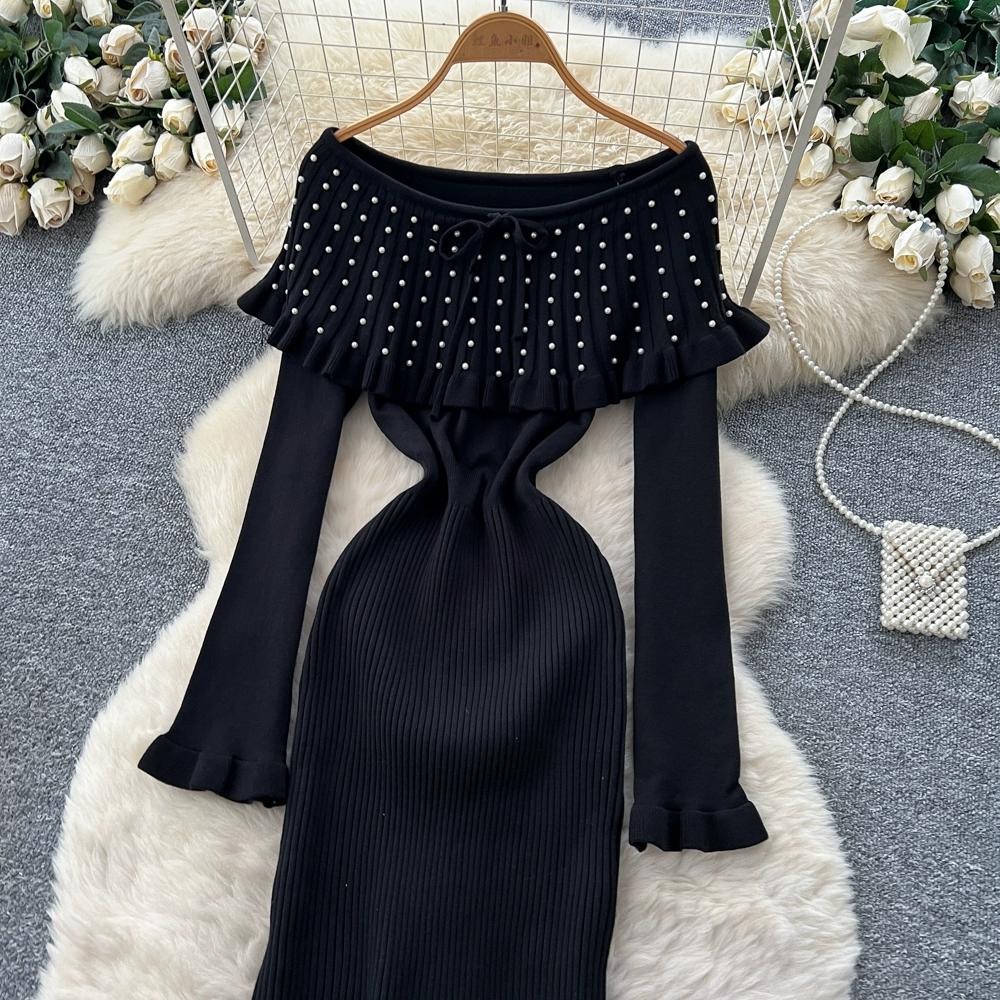 Autumn Winter Women Elegant Slash Neck Off Shoulder Beading Knitted Sweater Long Midi Christmas Party Dresses