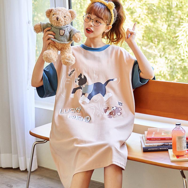 Милая хлопковая летняя ночная рубашка с рисунком для женщин – свободный крой, короткий рукав, корейский стиль, юбка средней длины
