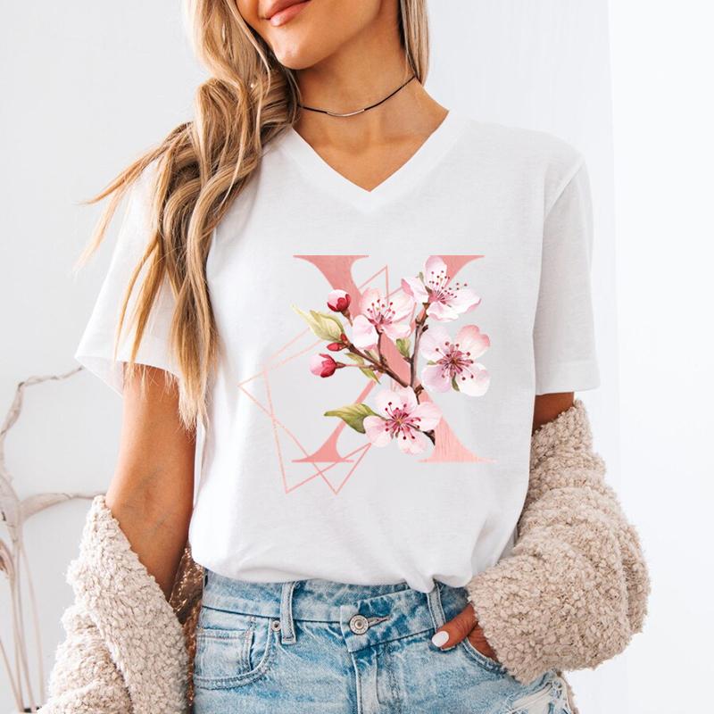 AZ 26 Alphabet Unisexs VNeck TShirt Pink Sakura Letter B Graphic T Shirts Unisex Letters ABCD Casual Tees Fashion Y2K Tops